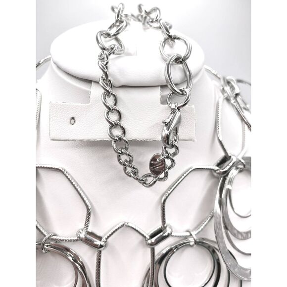 Nena Silver Tone Statement Necklace Multi Circle Link Bib Necklace - Picture 3 of 6